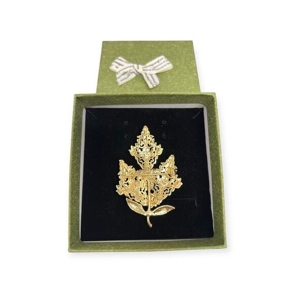 Handmade Gold/Silver Tone Filigree Floral/Leaf Accents Brooch New with Gift Box - Picture 5 of 6